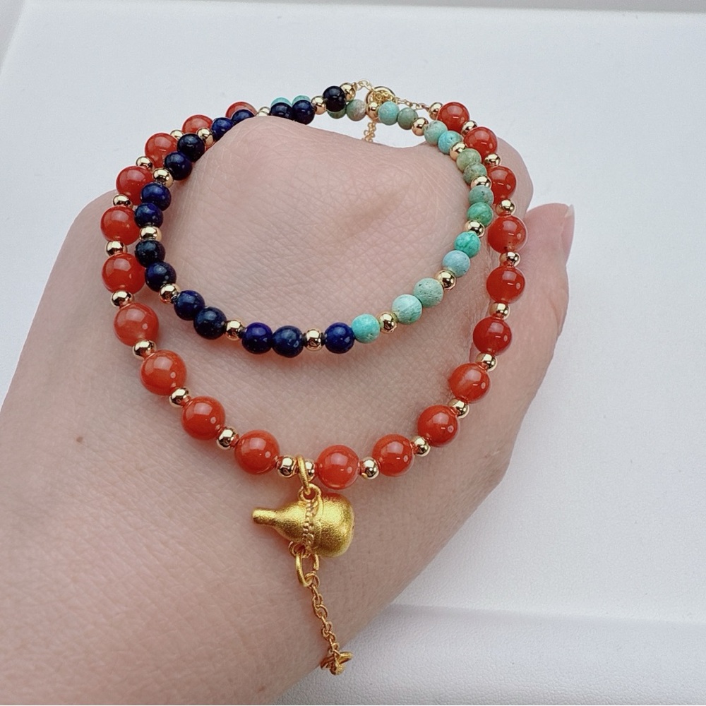 GB39 Handmade Agate Lapis Turquoise Double Layer Adjustable Bracelet